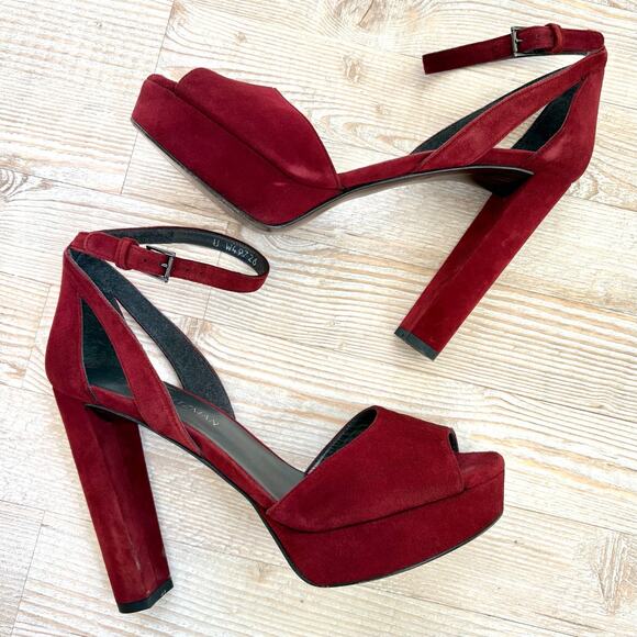 Stuart Weitzman Hijinx Platform Suede Peep Toe Heels | Deep Red Size 9 - Picture 2 of 11